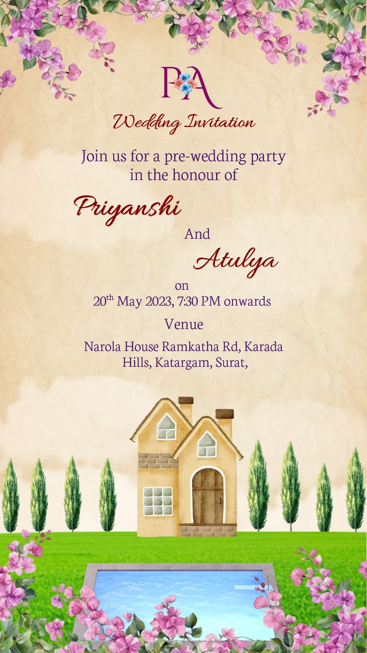 House and Pool Themed Engagement Invitation Card