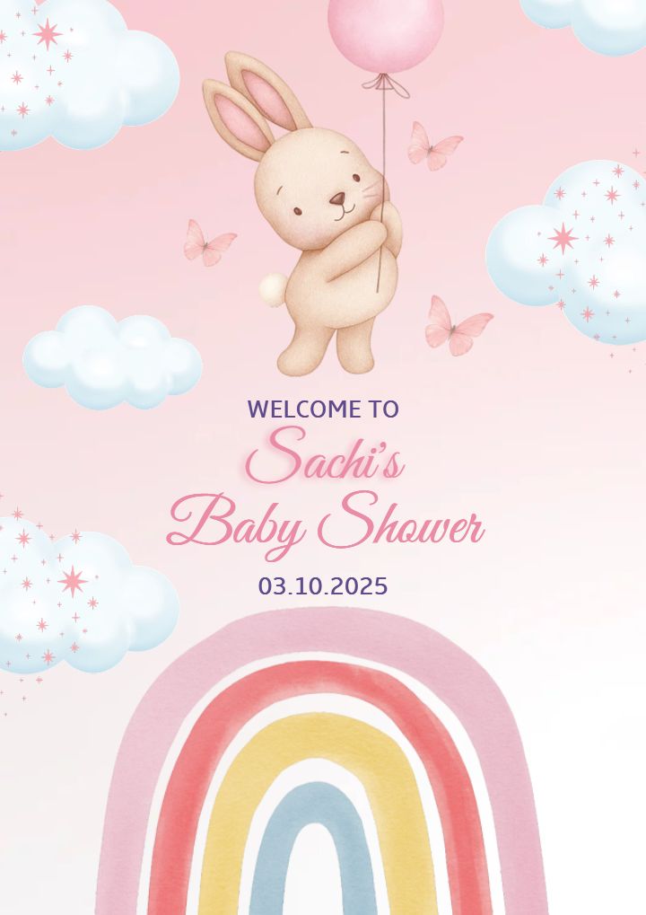 Welcome Board for Baby Shower with Bunny and Rainbow Theme