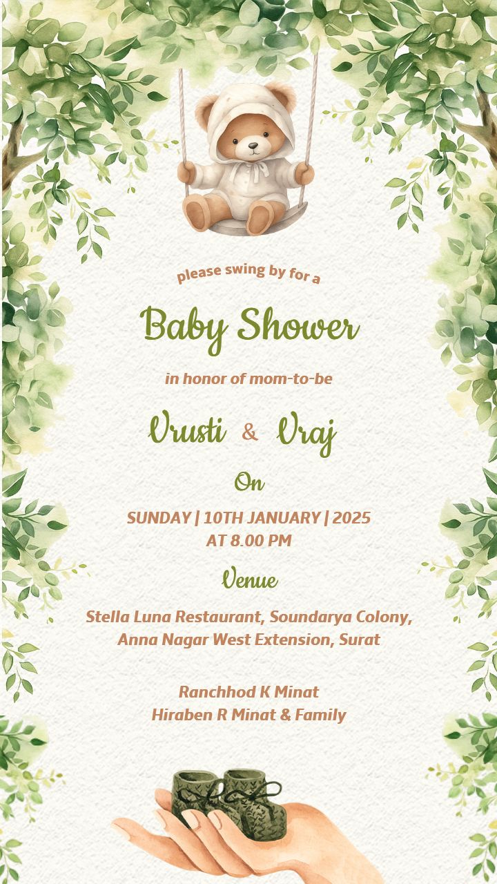 Leafy Green Invitation Template For Baby Shower Theme