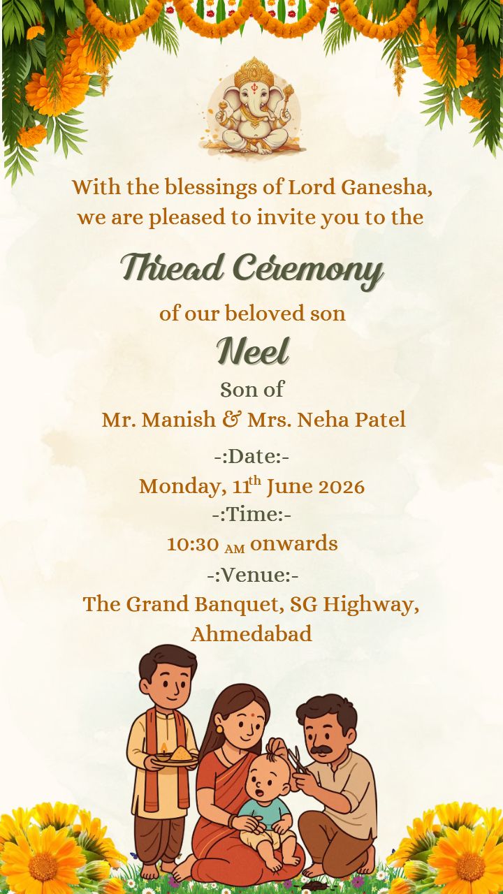 Thread ceremony invitation in english with yellow theme