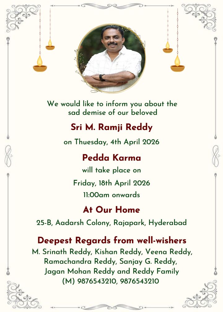 Elegant Pedda Karma card in English with Diya style