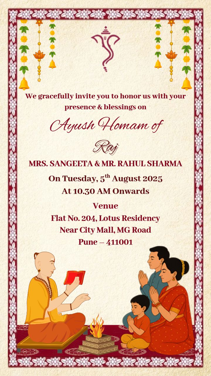 Indian Style Traditional Ayush Homam Invitation Card English