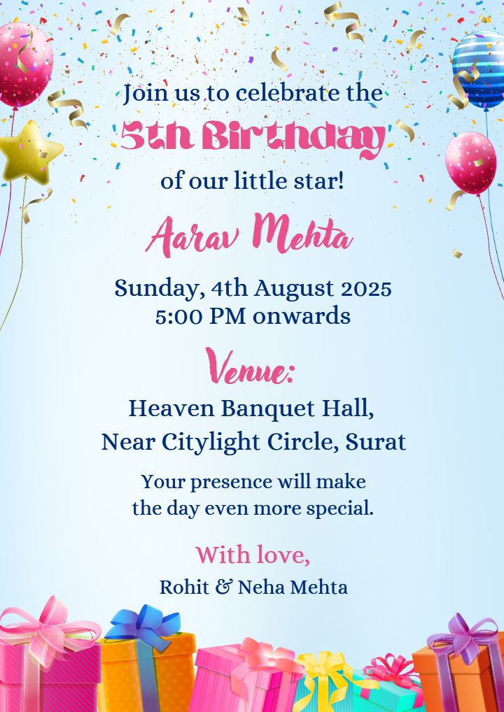 Colorful 5 Years Birthday Invitation Card for Baby Boys