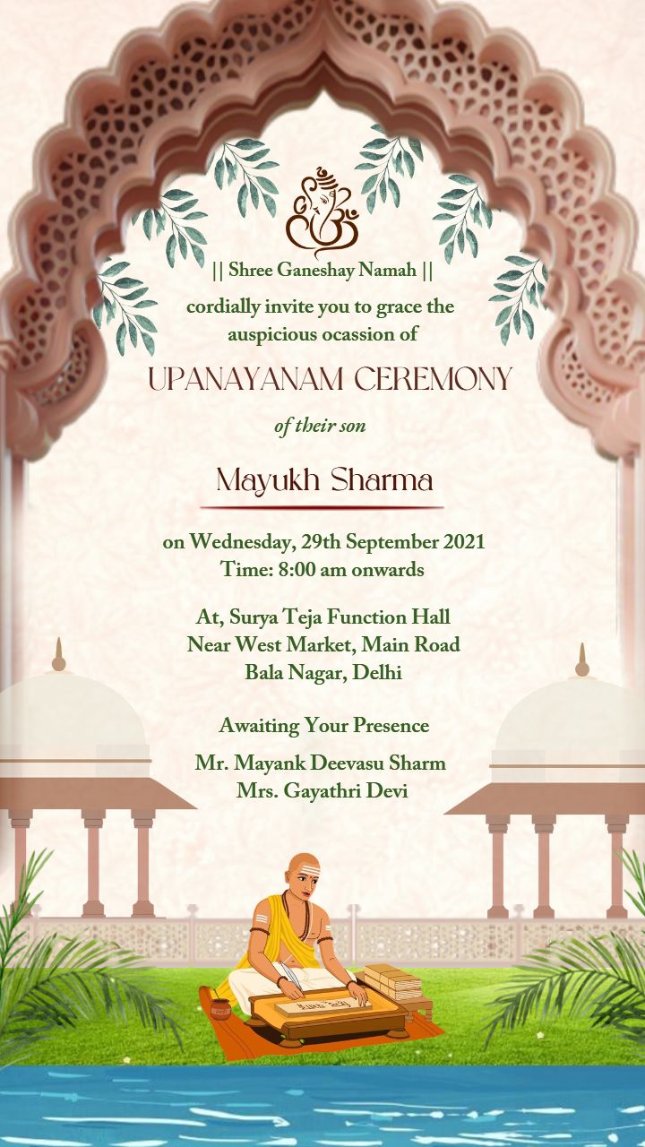 Upanayanam ceremony invitation in English Font