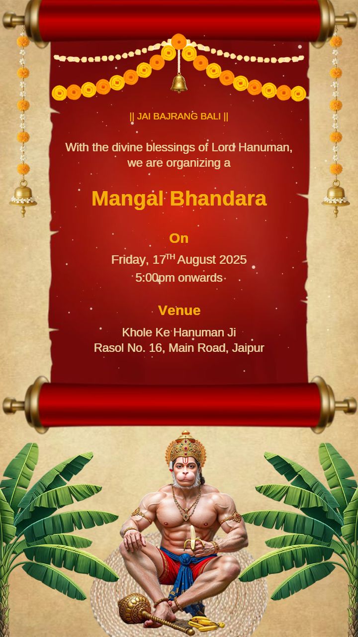 Mangal bhandara invitation in English with Hanuman Design
