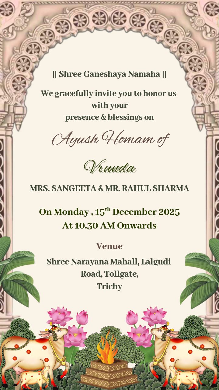 Beautiful Aayush Homam Invitation Templates With Cow Theme