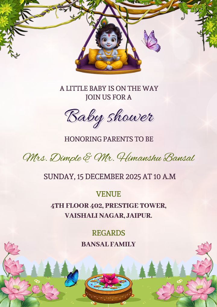 Krishna Swing Baby Shower Card Design for Joyful Invite