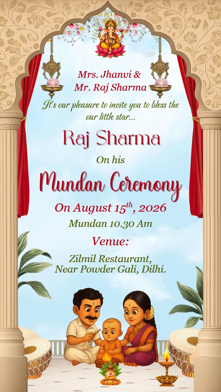 Mundan Sanskar Card in Hindi with Traditional Temple Design