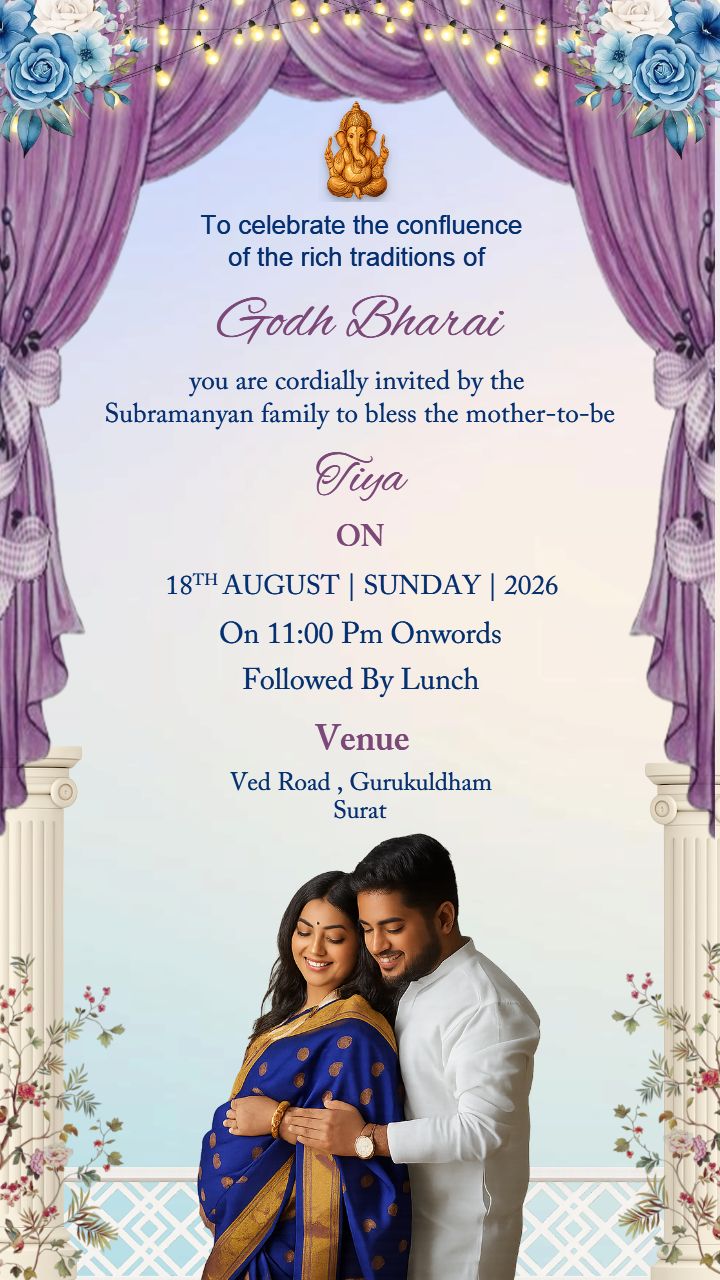 Elegant English Godh Bharai Invitation Card with Couple Theme