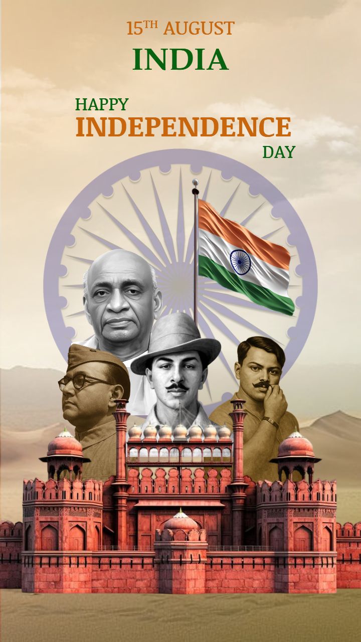 15th August Heritage Image with Red Fort and Brave Leaders