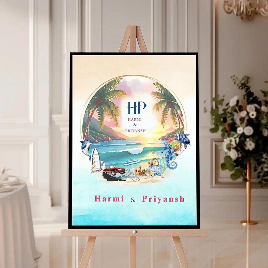 Wedding Monogram logo with Tropical Sunset Beach Theme