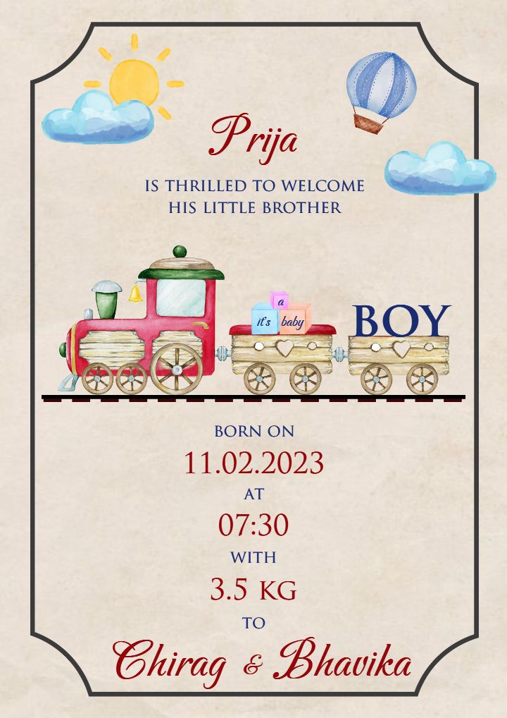 Baby Welcome Card with Cute Train Theme Design