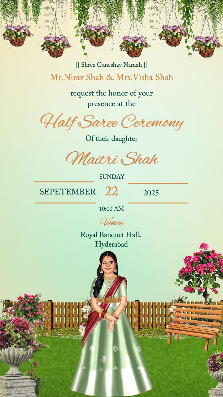 Charming Half Saree Invitation Garden Theme