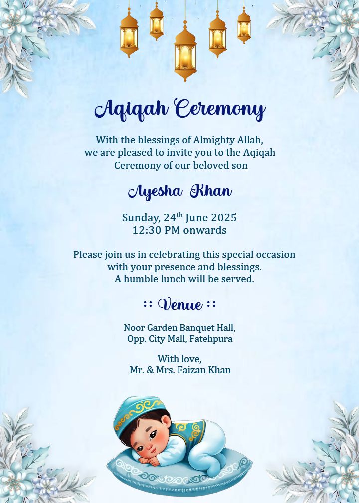 Aqiqah Ceremony Invitation Card in Islamic Theme Style