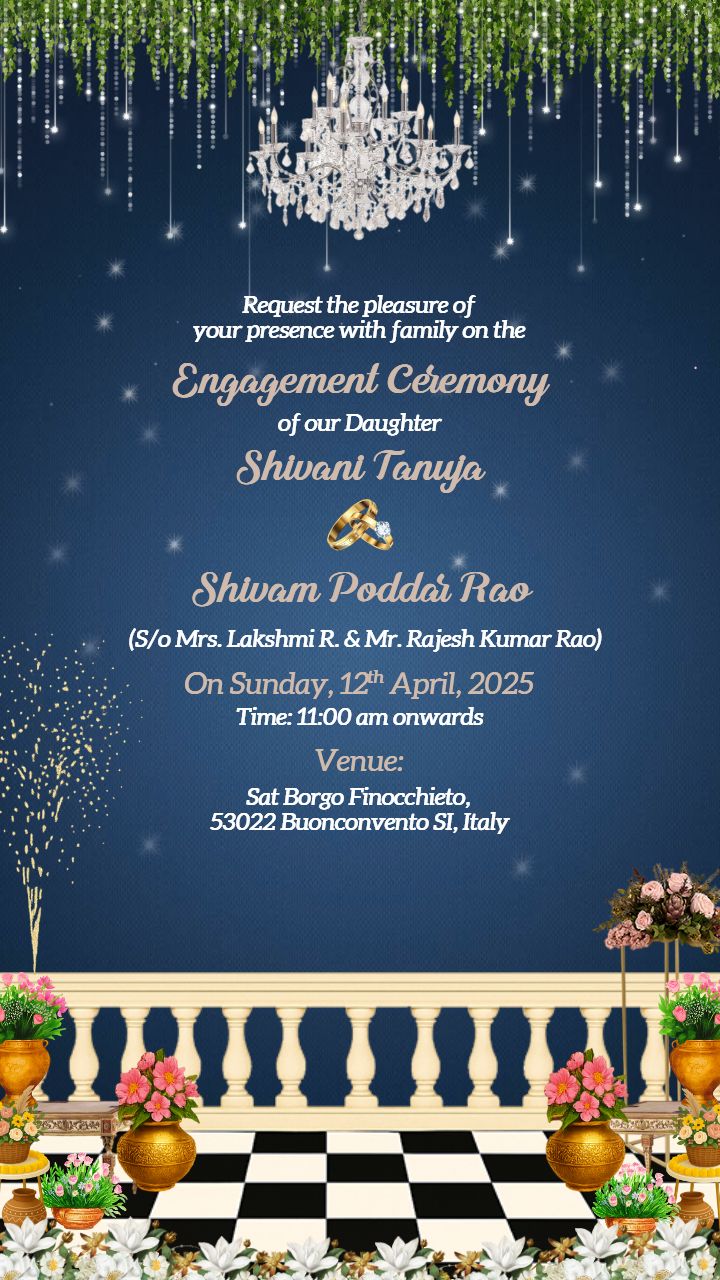 Sparkling Floral Engagement Invitation Card with Grand Chandelier and Couple Art
