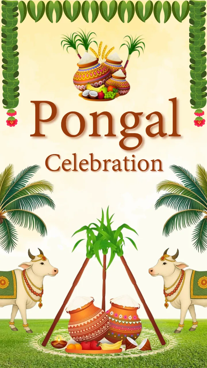 Happy Pongal Status HD with Sugarcane and Pot Celebration
