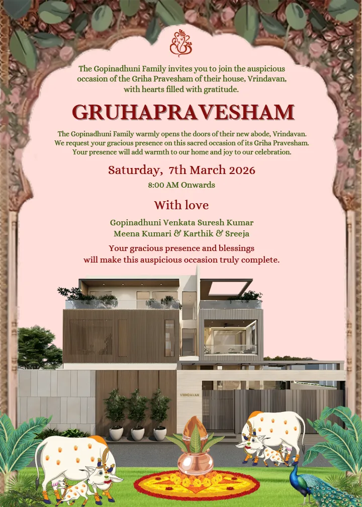 Gruha Pravesam Invitation card in english Design