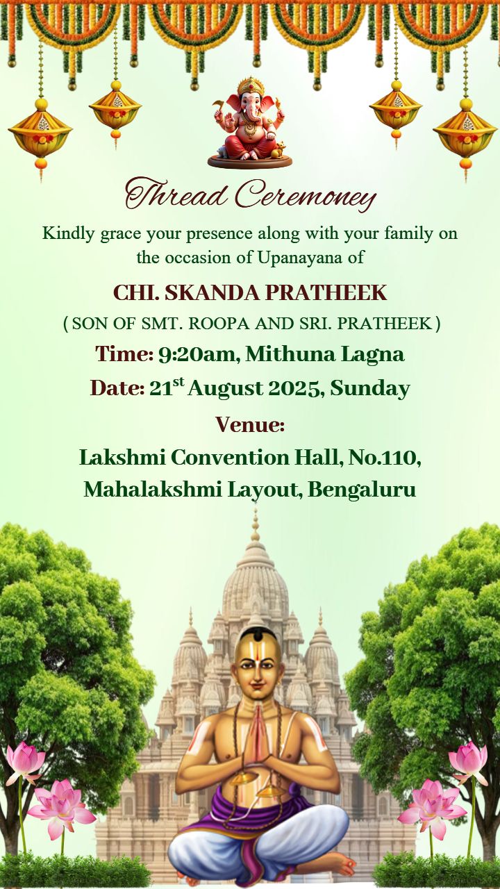Thread ceremony invitation in forest temple design