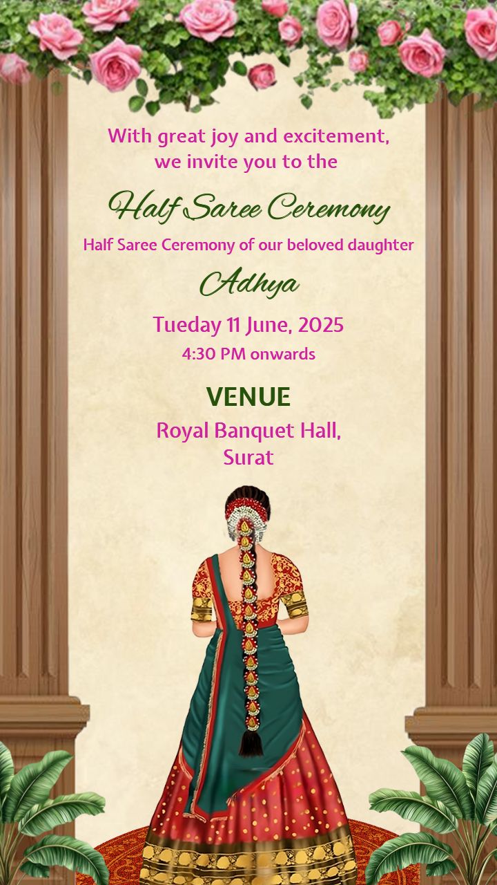 Half Saree Ceremony Invitation with Cultural Icons