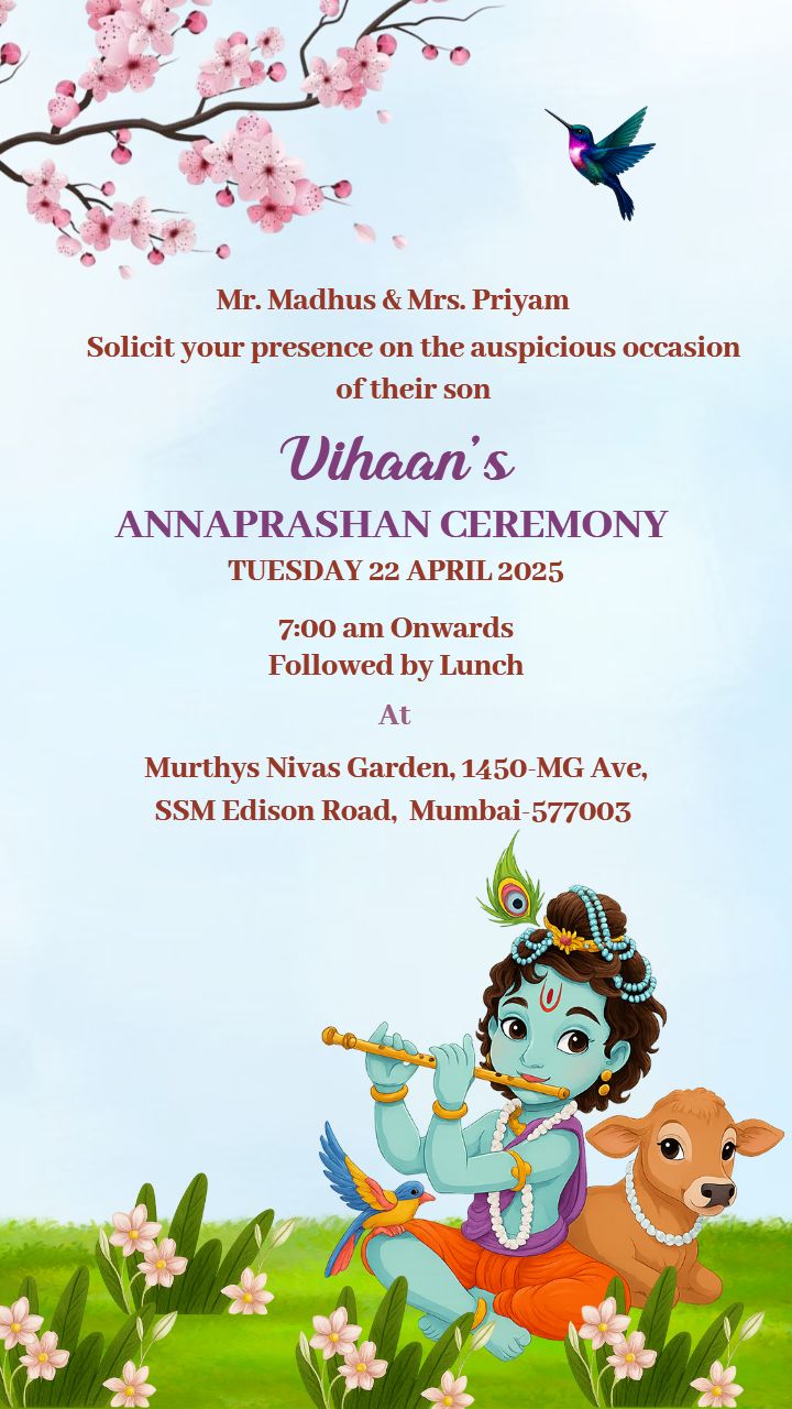 Cultural Rice Ceremony Invite with Krishna Art