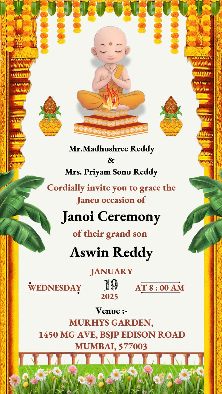 janoi ceremony invitation in english with gold pillars