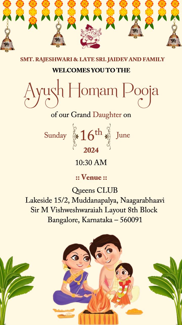 Cultural English Ayush Homam Invite with Family Illustration