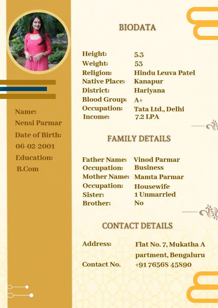 Stylish Marriage Biodata Template Design for Bride