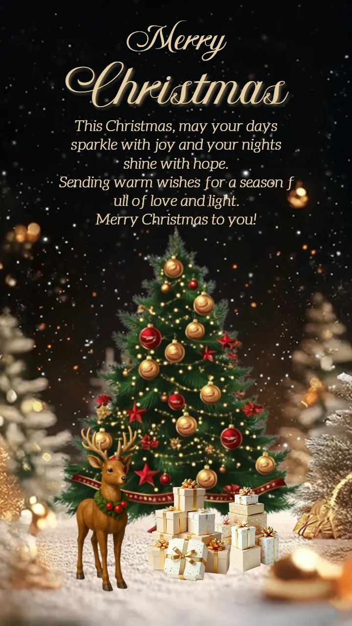 Merry christmas wishes images with tree gifts and lights