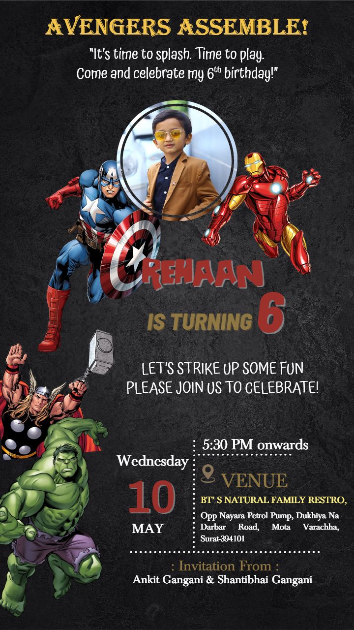 Avengers 6th Birthday Invitation Party Card for Boys