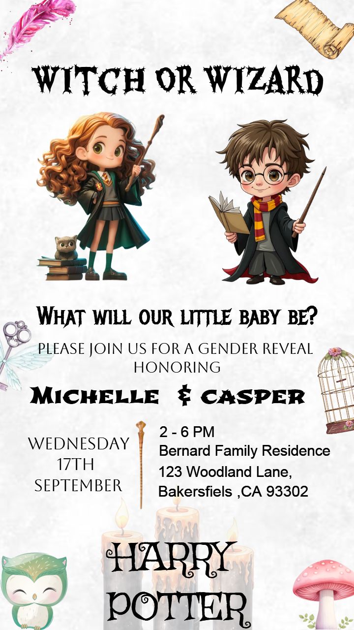Gender Reveal Invitation with Harry Potter Theme