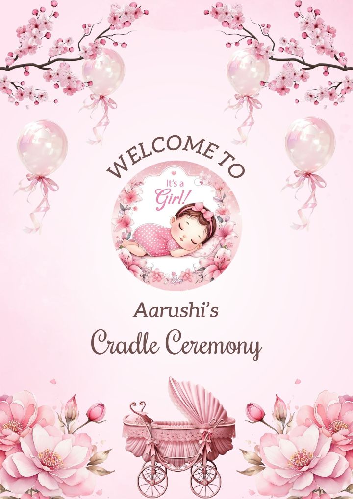 Pink Colored Cradle Ceremony Welcome Board Of New Born Baby