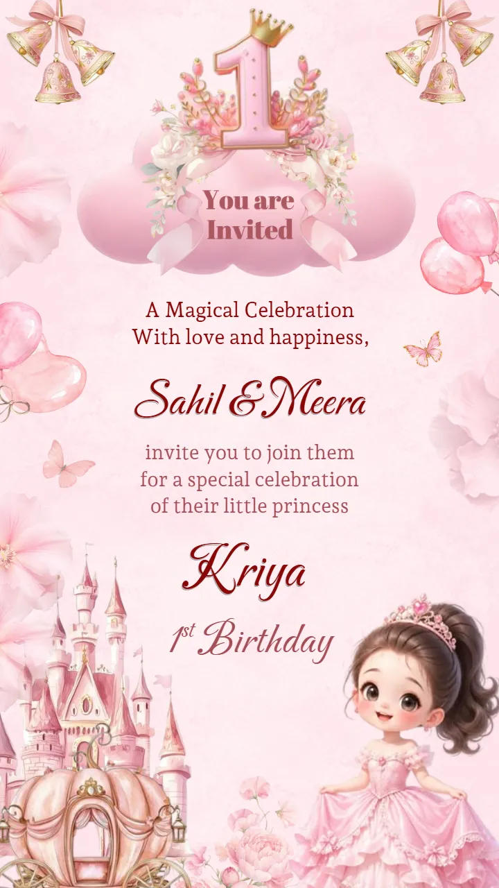 Pink Princess 1st Birthday Invitation Card Design Template