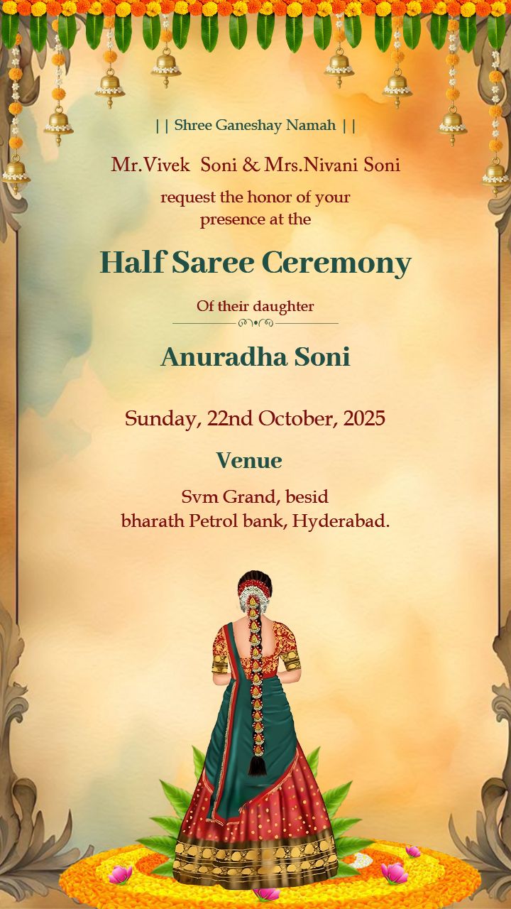 Vibrant Half Saree Invitation With Marigold Decor