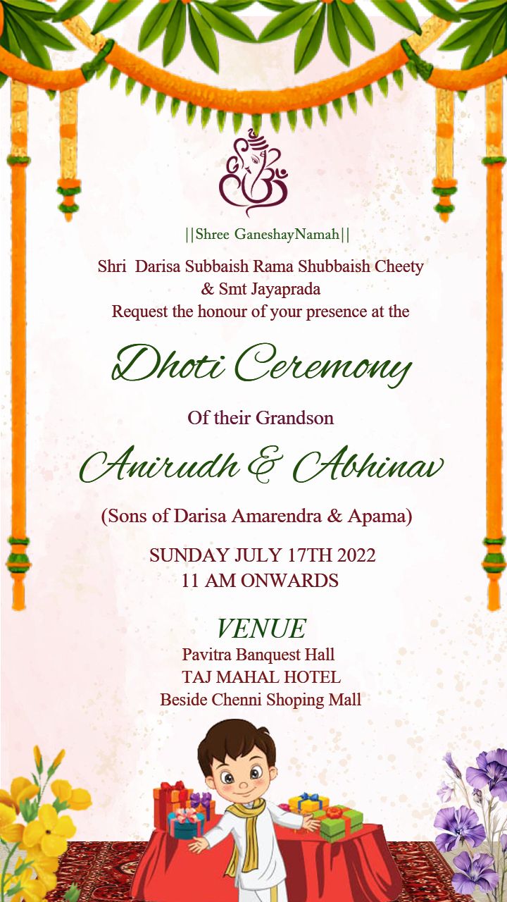 Elegant Dhoti Ceremony Invitation with Traditional Charm