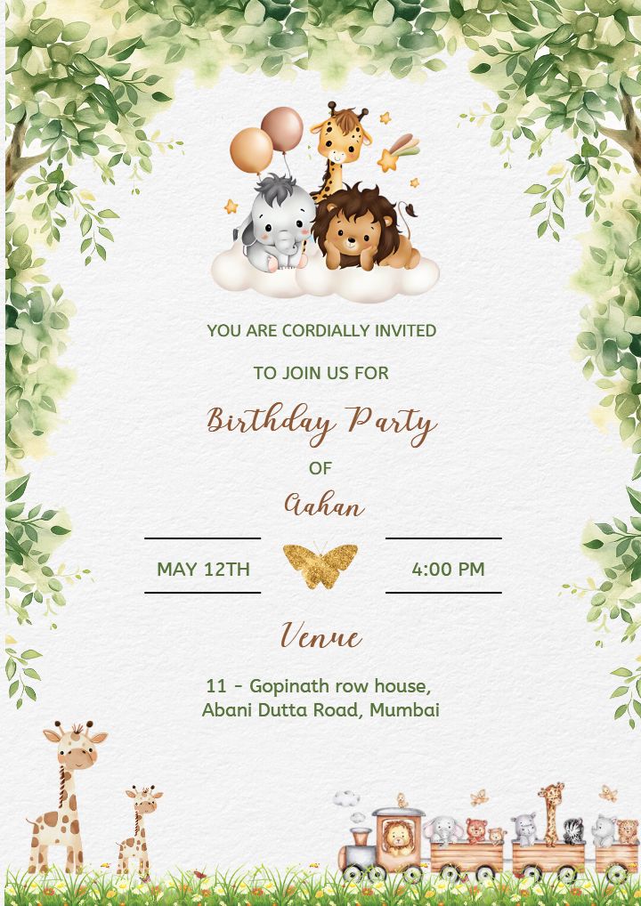Birthday Invitation Card Featuring Cute Safari Animals