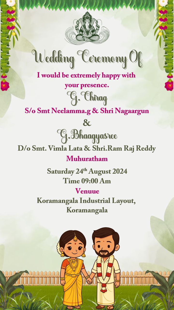Cute South Indian Wedding Card with Cartoon Couple