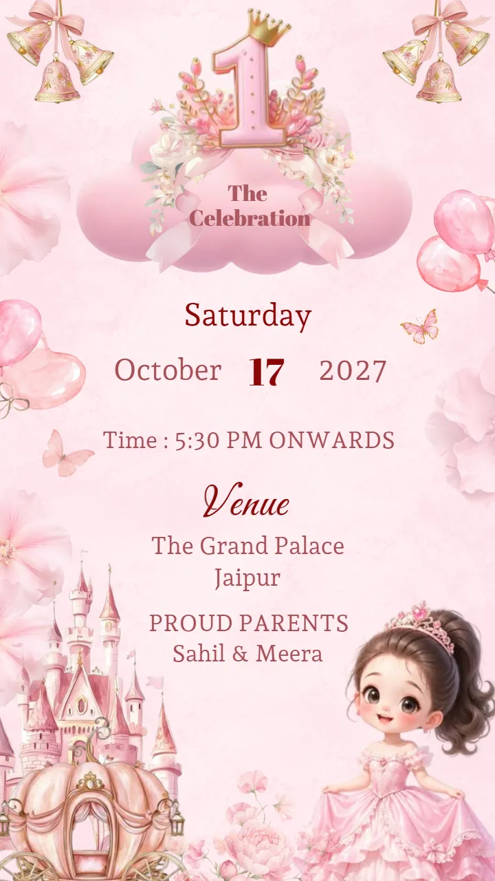 Pink Princess 1st Birthday Invitation Card Design Template