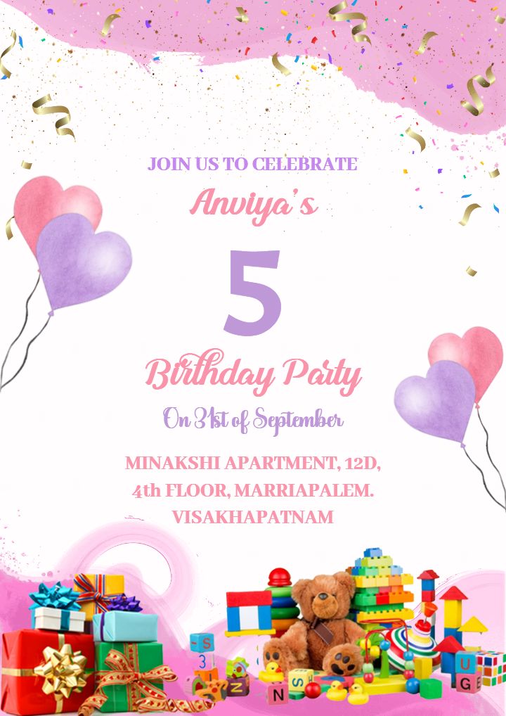 Colorful Baby Girl 5th Birthday Invitation Card with Photo
