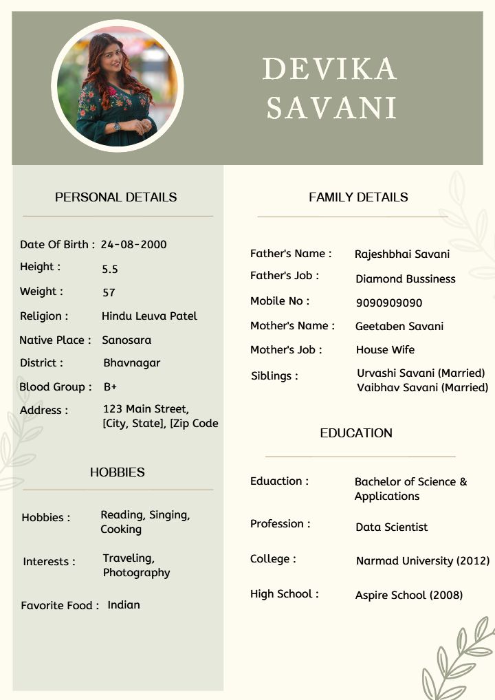 Professional Marriage Biodata for Female Template