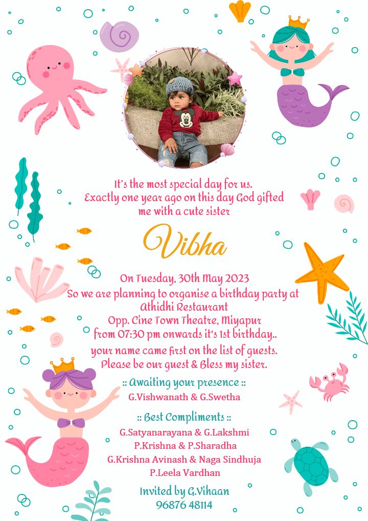 Mermaid Themed 1st Birthday Invitation Online for Girls