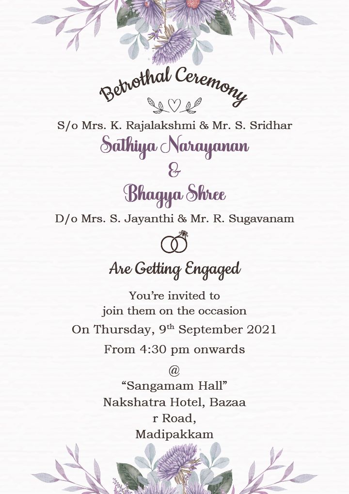Lavender Floral Betrothal Ceremony Invitation Design