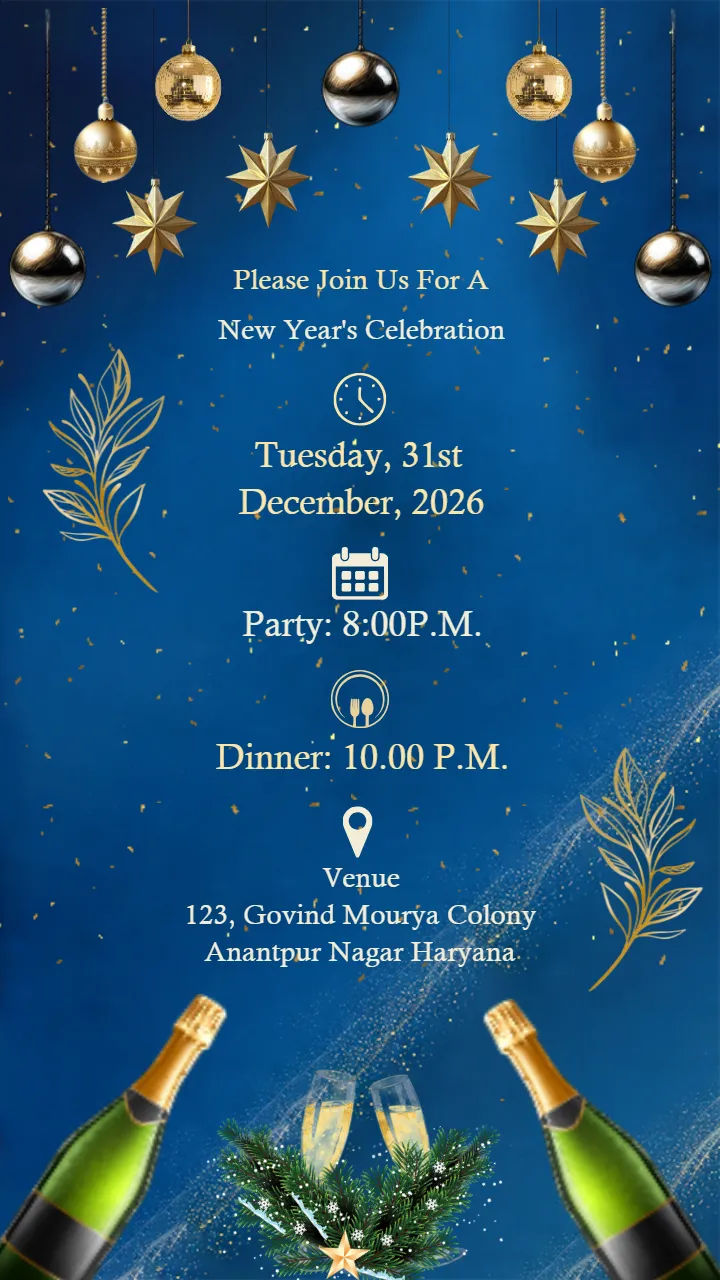 New Year Party Invitation with Royal Blue and Golden Details