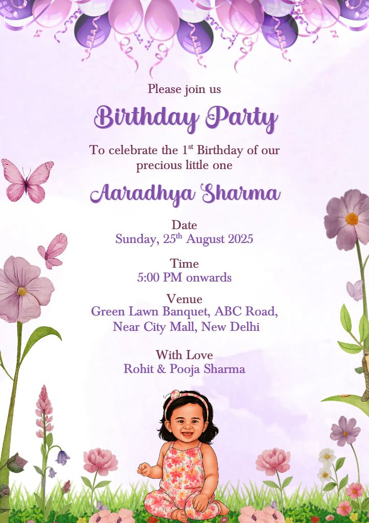 Floral Theme 1st Year Birthday Invitation Card for Girls
