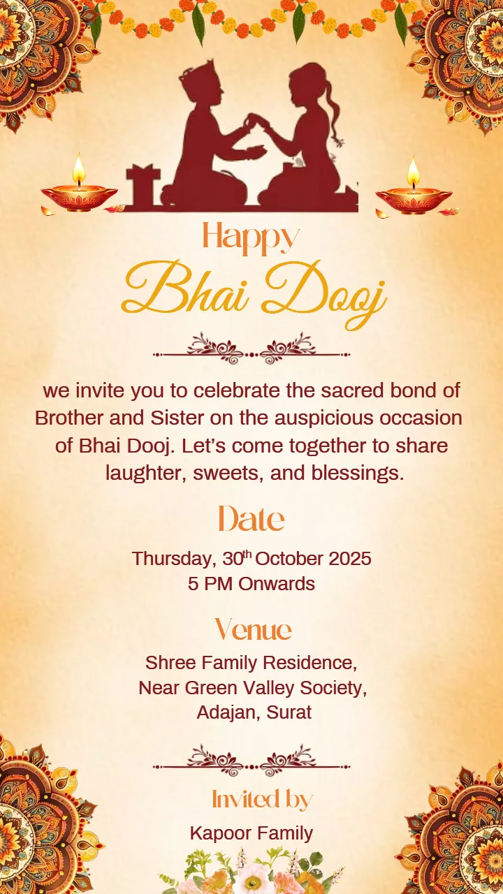 Beautiful Bhai Dooj Invitation Card with Diya Design English