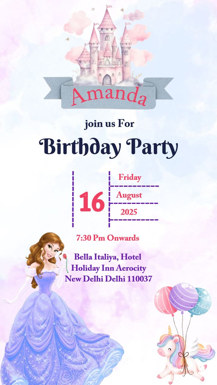 Princess Castle Online Birthday Invitations Party Card for Girls