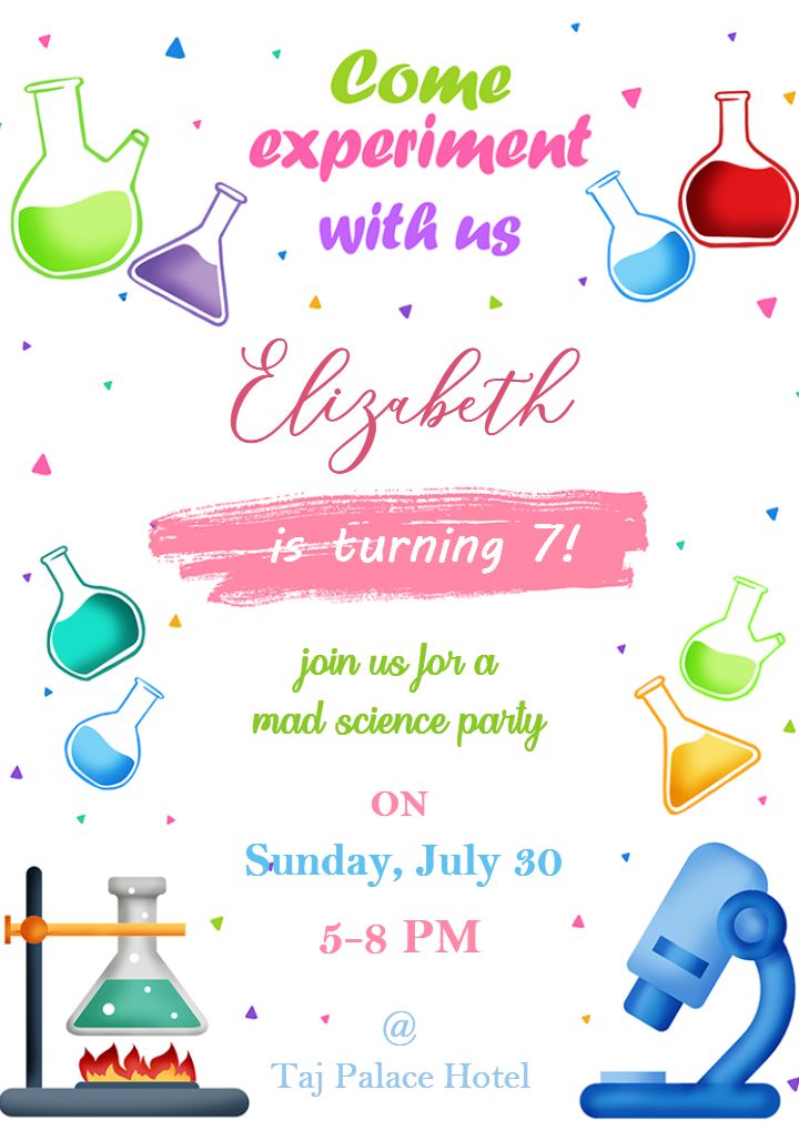 Mad Science 7th Birthday Invitation Party Card for Girls