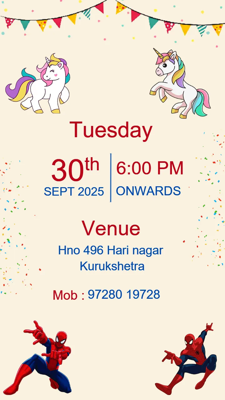 Spiderman and Unicorn Birthday Invitation Card Creation