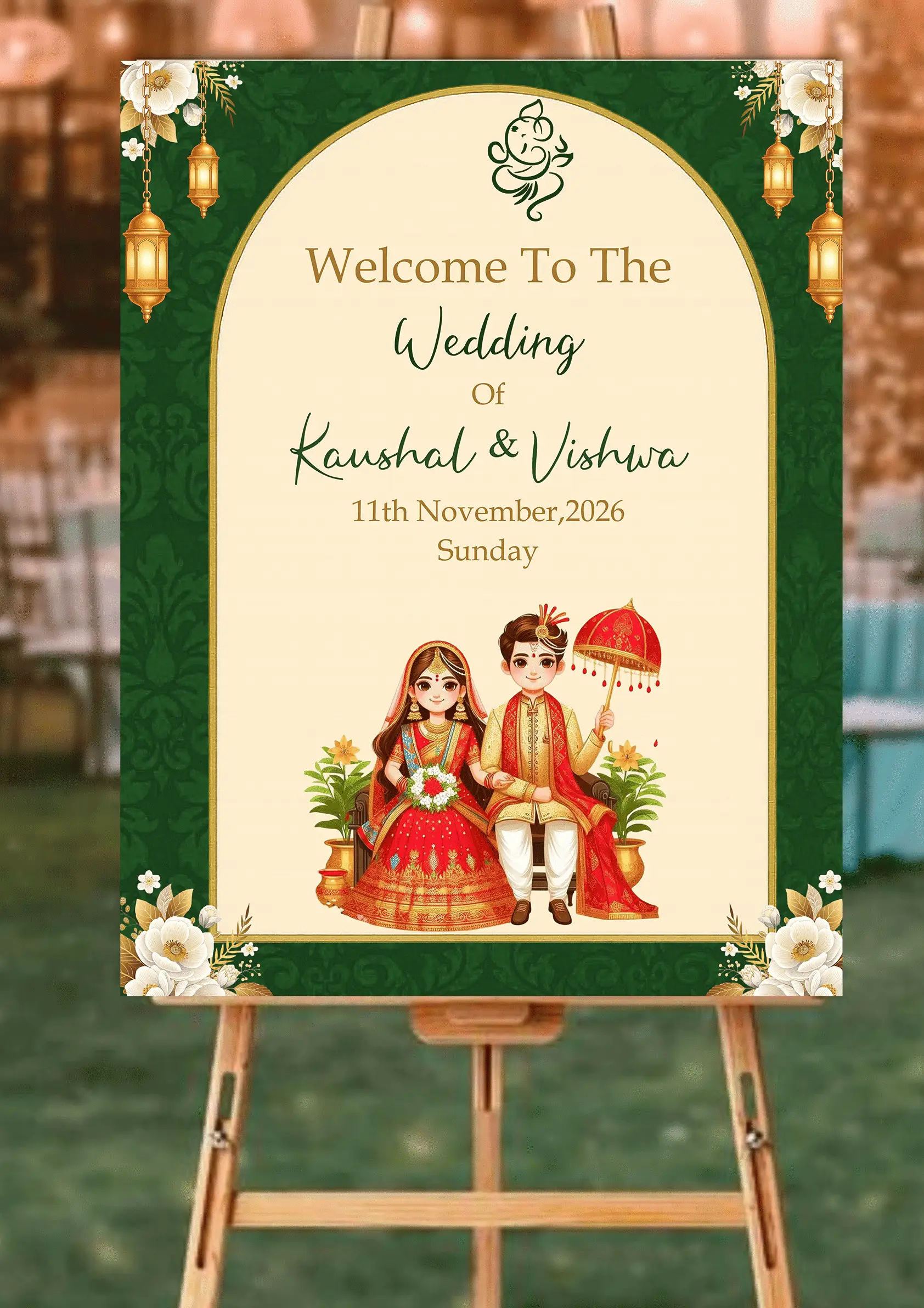 Green And Cream Theme Welcome Board For Wedding