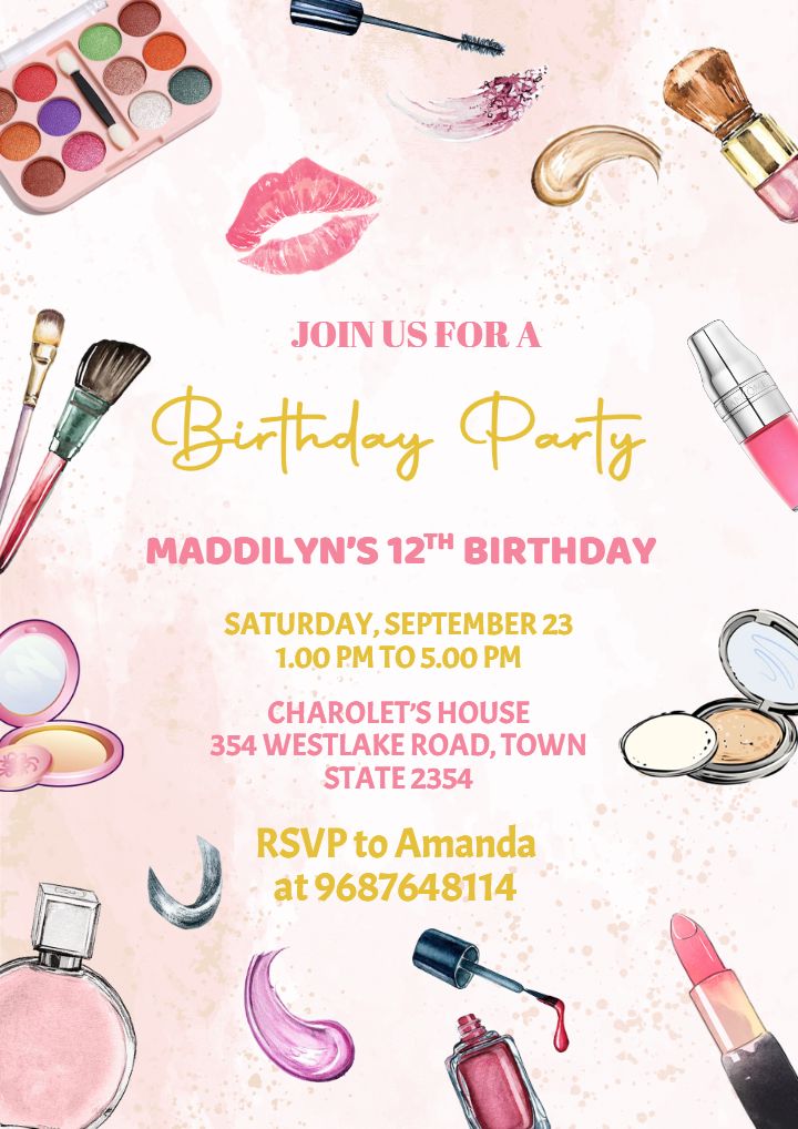 Makeup Theme 12th Birthday Invitation Party Card for Girls