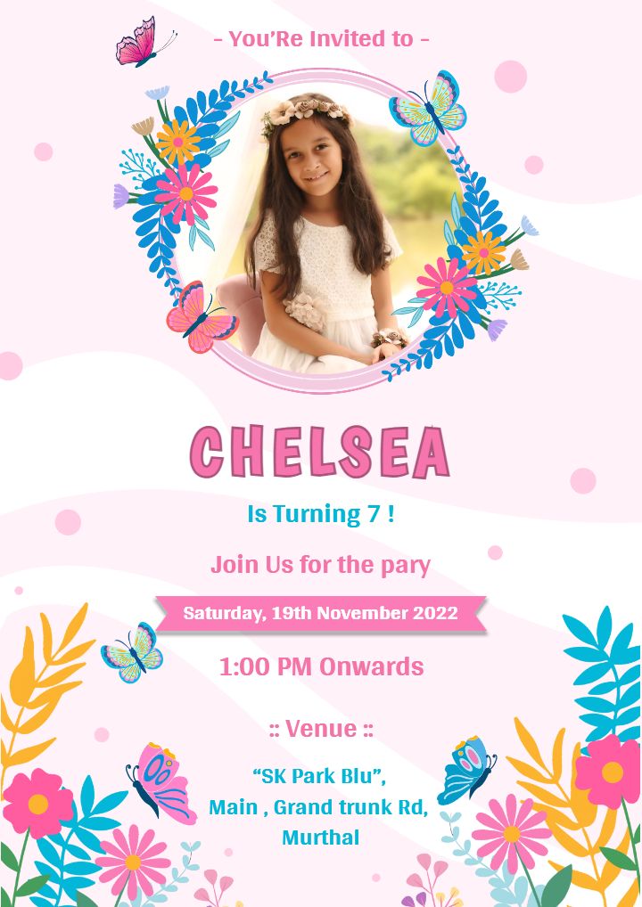 Floral Butterfly Theme 7th Birthday Invite Card for Girls